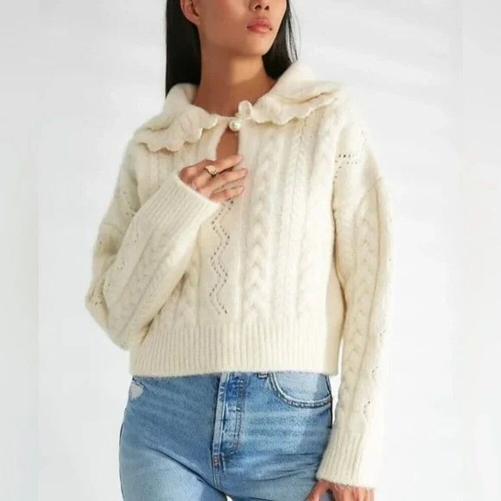 ZARA Cream Chunky Cable Peter Pan Collar Sweater with Pearl Button